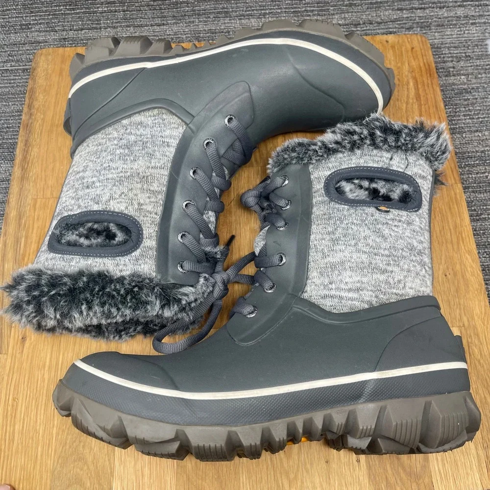 Bogs Arcata Knit Winter Boots Women 8 Gray  Waterproof Faux Fur Insulated Snow